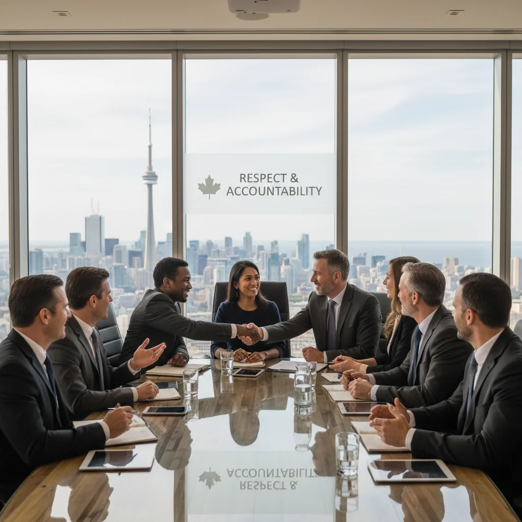 A photorealistic image of a diverse group of professional adults in a modern Canadian corporate office setting, engaged in a team meeting discussing ethical guidelines, symbolizing the purpose of a Code of Conduct document. The scene includes business people of various ethnicities, wearing professional attire, around a conference table with laptops and notepads, conveying trust, integrity, and workplace harmony. No children are present in the image.