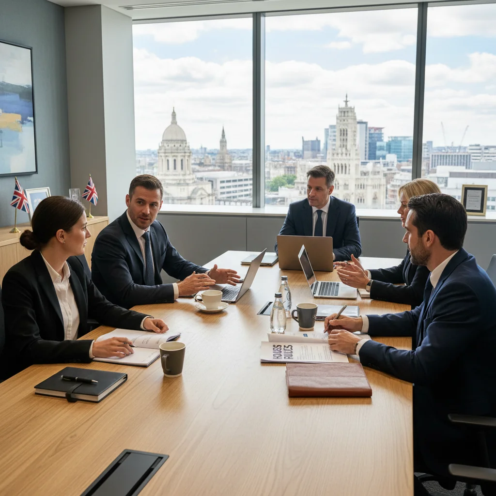 A photorealistic image of a professional business meeting in a modern UK office, where diverse adults are discussing and signing house rules documents around a conference table, symbolizing corporate governance and internal policies in the United Kingdom, with no children present.