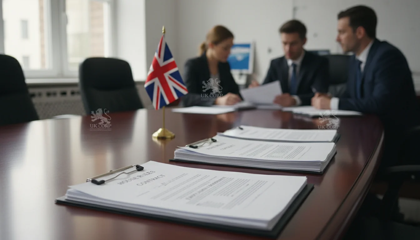 Corporate documents on a UK office desk