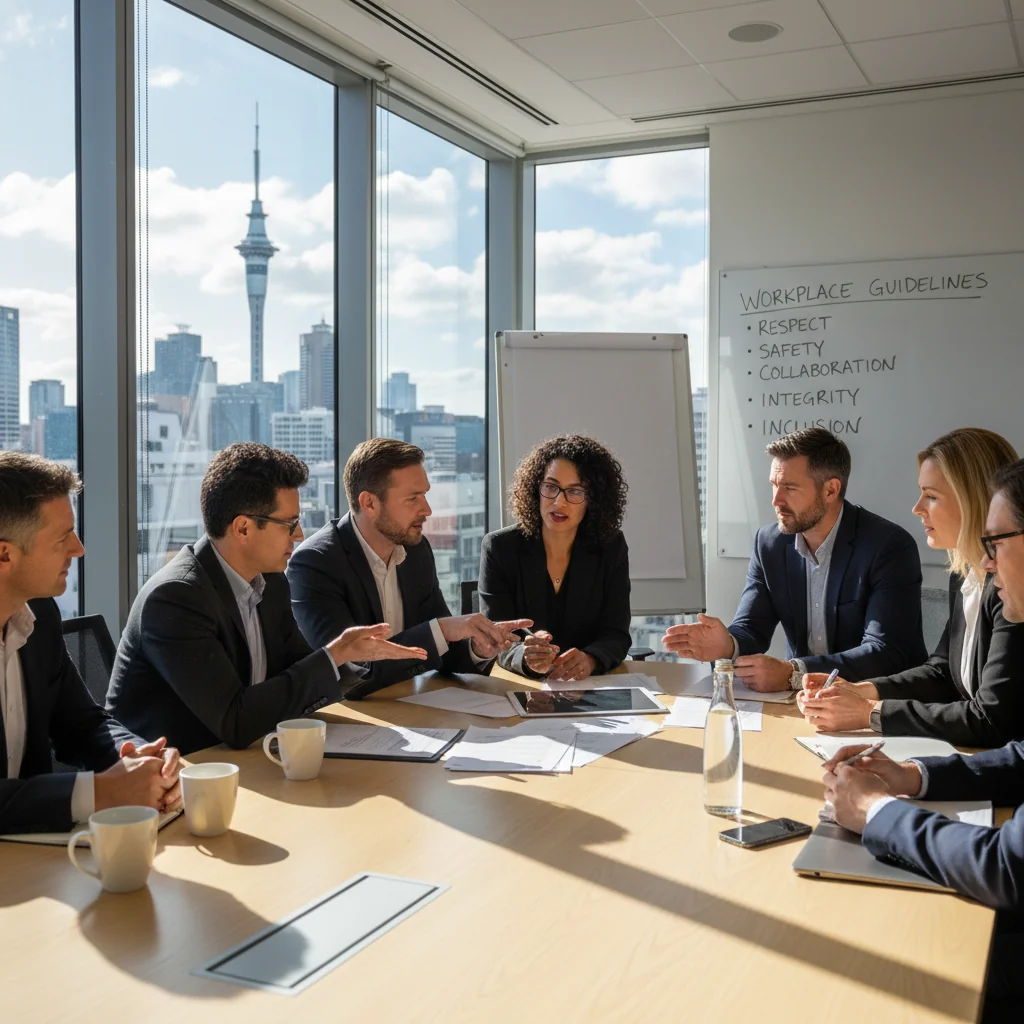 A photorealistic image of a diverse group of adult professionals in a modern New Zealand corporate office, engaged in a collaborative meeting around a conference table, discussing house rules and company policies, with elements like a whiteboard showing bullet points on workplace guidelines, natural light from large windows overlooking urban Auckland skyline, emphasizing teamwork, professionalism, and compliance in a business setting. No children are present in the image.