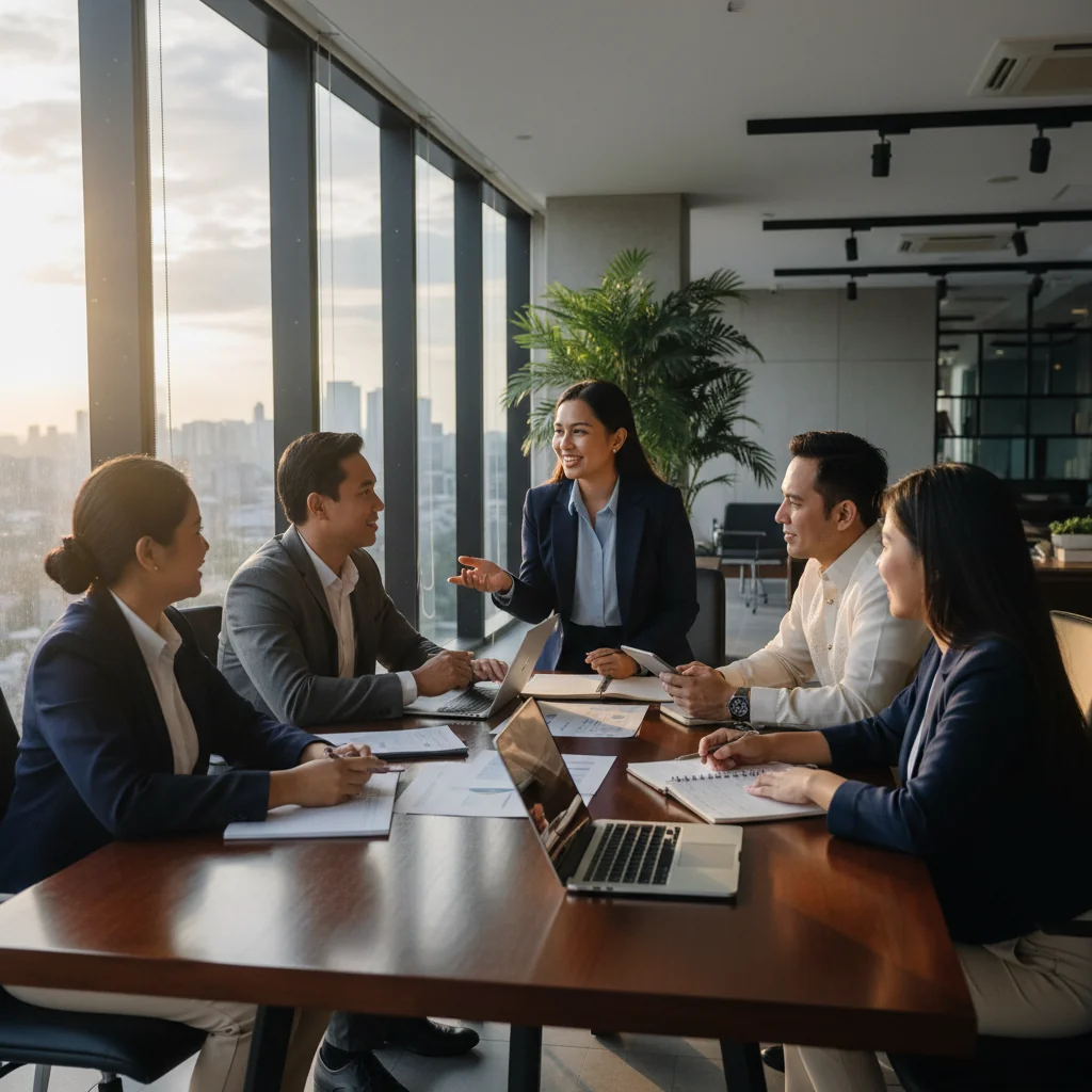A photorealistic image of a professional business meeting in a modern Philippine corporate office, with diverse adult Filipino professionals discussing house rules around a conference table, symbolizing corporate governance and workplace guidelines. No children present.