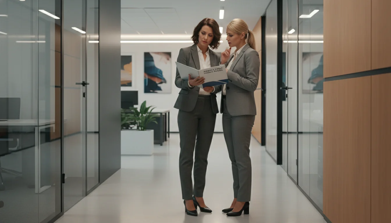 Office workers reading employee handbook