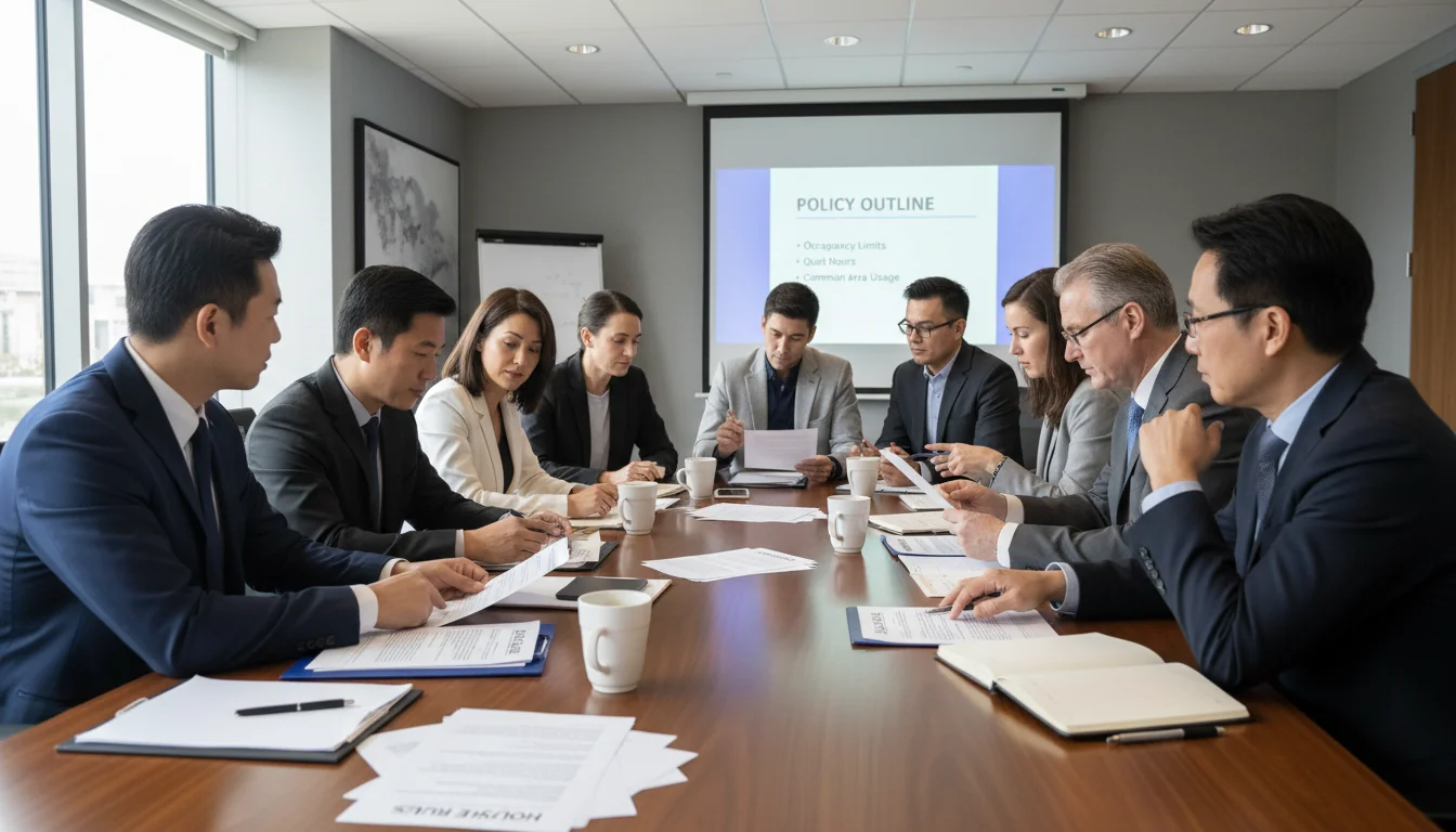 Team meeting discussing company policies