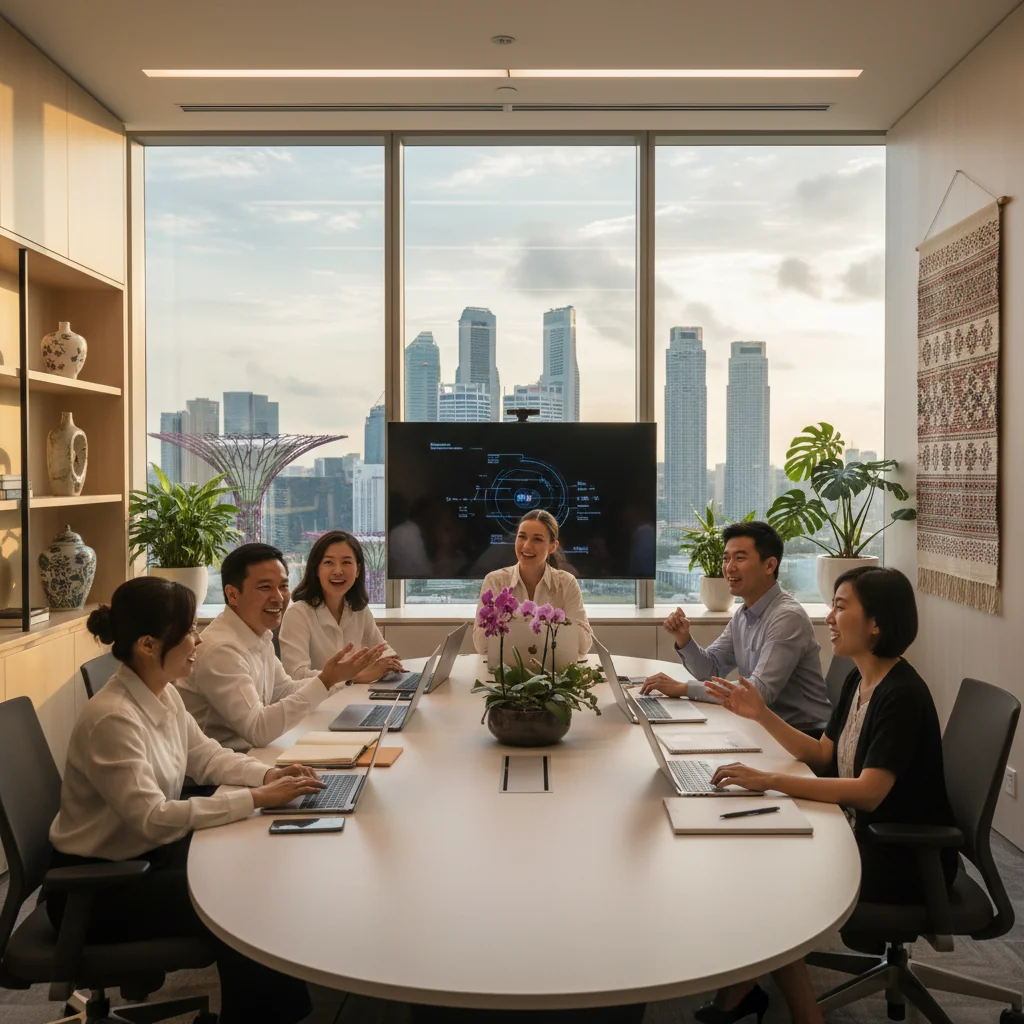 A photorealistic image depicting a professional office environment in Singapore, showing diverse adult employees collaborating in a modern workspace, symbolizing the supportive policies outlined in an employee handbook. The scene includes adults only, no children, with elements like a city skyline view to evoke a Singaporean corporate setting.