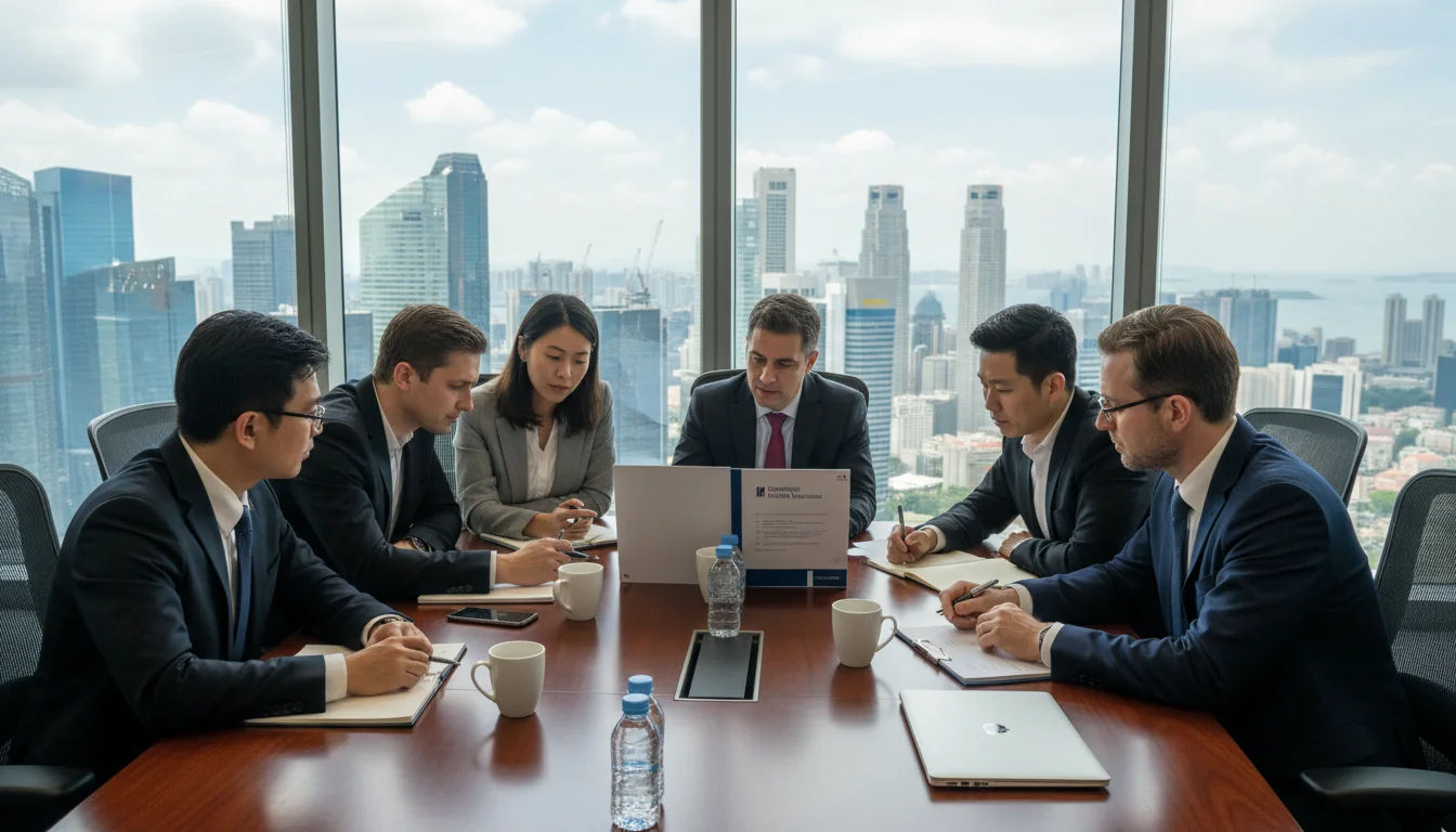 Professional team reviewing handbook