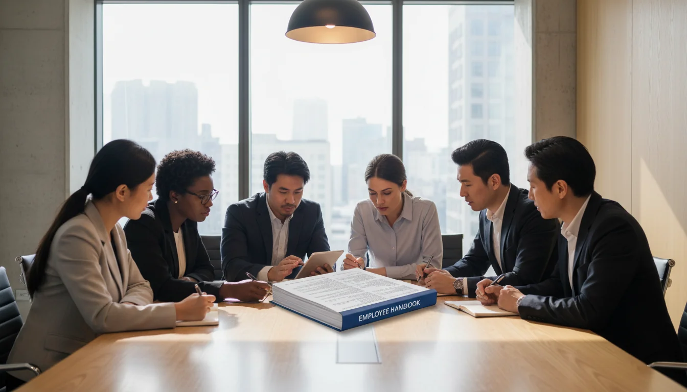 Diverse employees reviewing handbook