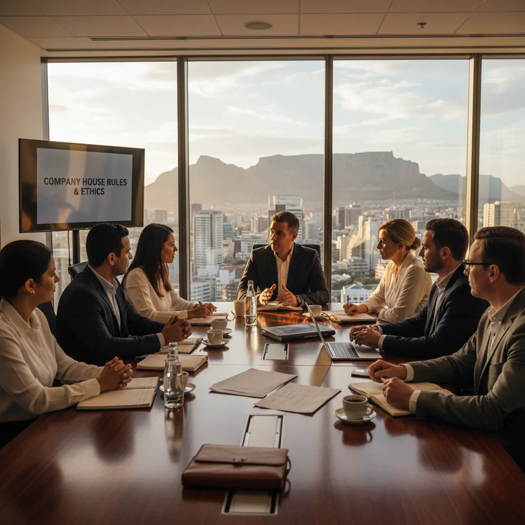 A photorealistic image of a professional business meeting in a modern South African corporate office, with diverse adult professionals discussing house rules around a conference table, symbolizing governance and workplace policies, no children present.