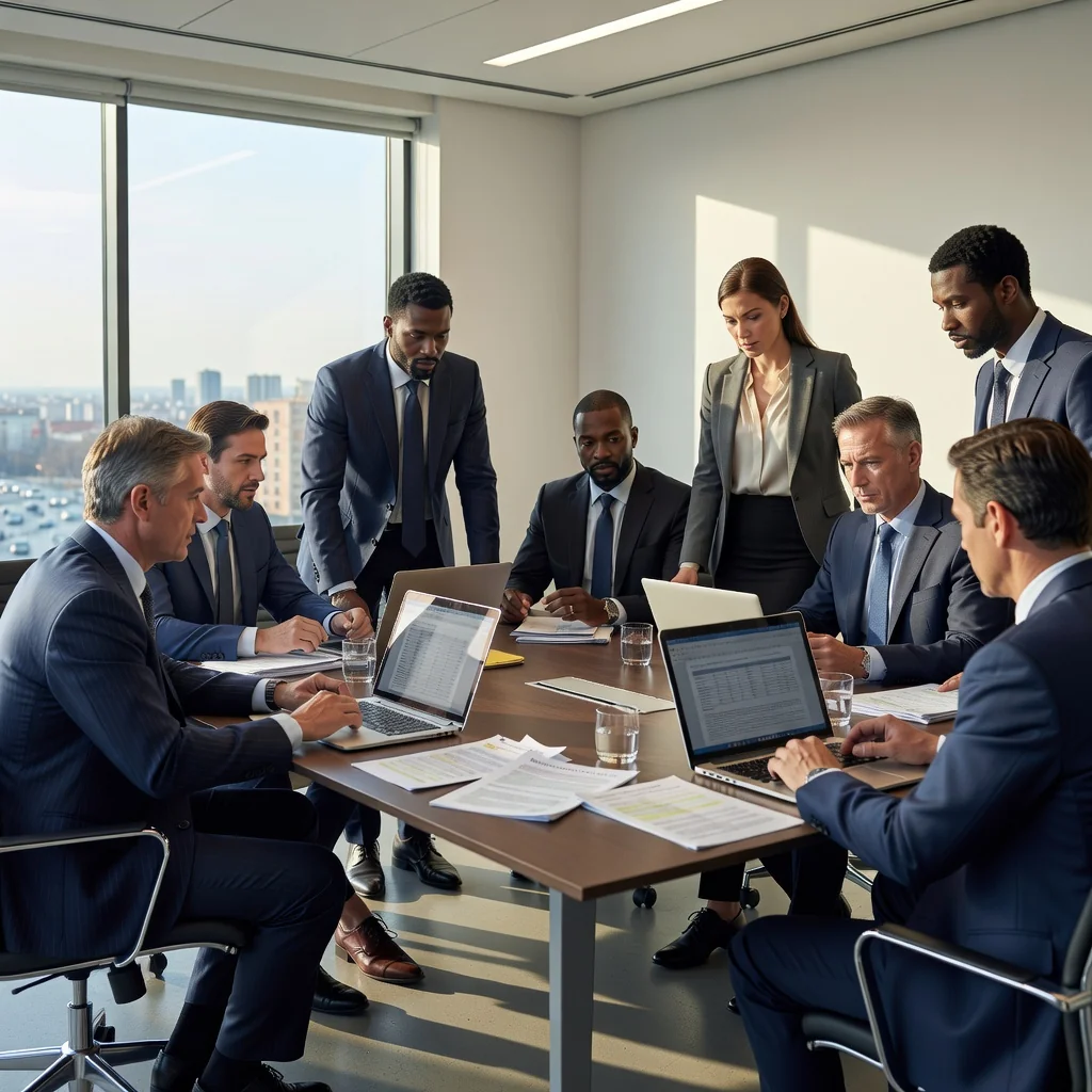 A professional office setting in Spain, showing a diverse group of adult business professionals in a modern conference room, discussing corporate policies with serious expressions, surrounded by Spanish flags and business documents on the table, evoking themes of internal corporate regulations and workplace governance.