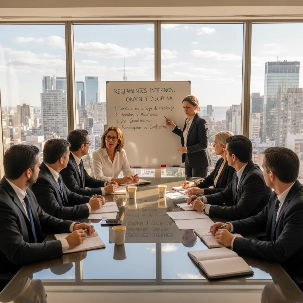 A photorealistic image of a diverse group of professional adults in a modern Argentine corporate office, engaged in a team meeting discussing workplace rules and discipline, with elements like a whiteboard showing agenda points on order and conduct, conveying a sense of structured professionalism and harmony in the business environment. No children are present.