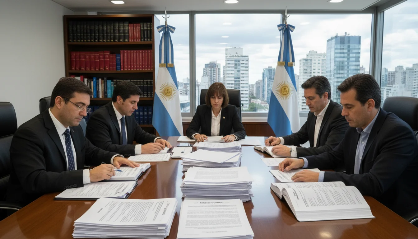 Argentine office workers reviewing corporate documents