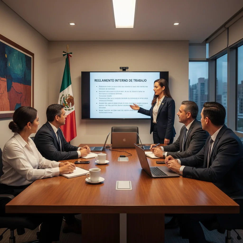 A photorealistic image of a professional business meeting in a modern Mexican corporate office, featuring diverse adult employees discussing work policies around a conference table, with Mexican cultural elements like flags or decor in the background, symbolizing internal work regulations and workplace harmony. No children are present in the image.