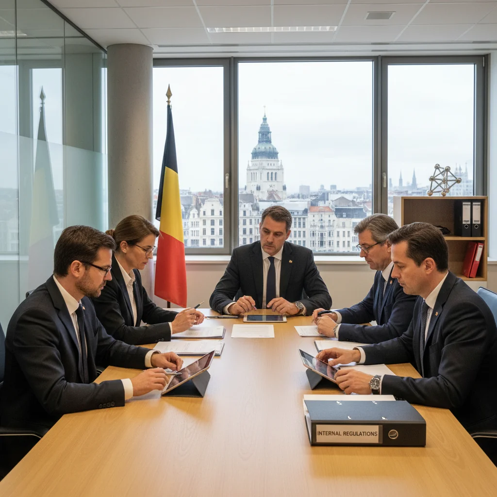 A photorealistic image of a professional business meeting in a modern Belgian corporate office, with adults discussing internal regulations around a conference table, evoking order and compliance in a company setting.