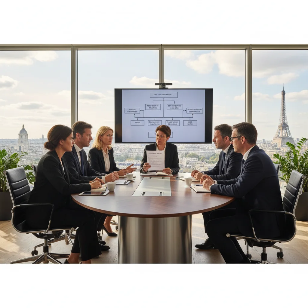 A photorealistic image of a professional business meeting in a modern French corporate office, with adults discussing internal company rules around a conference table, evoking organization and compliance in a French business setting.