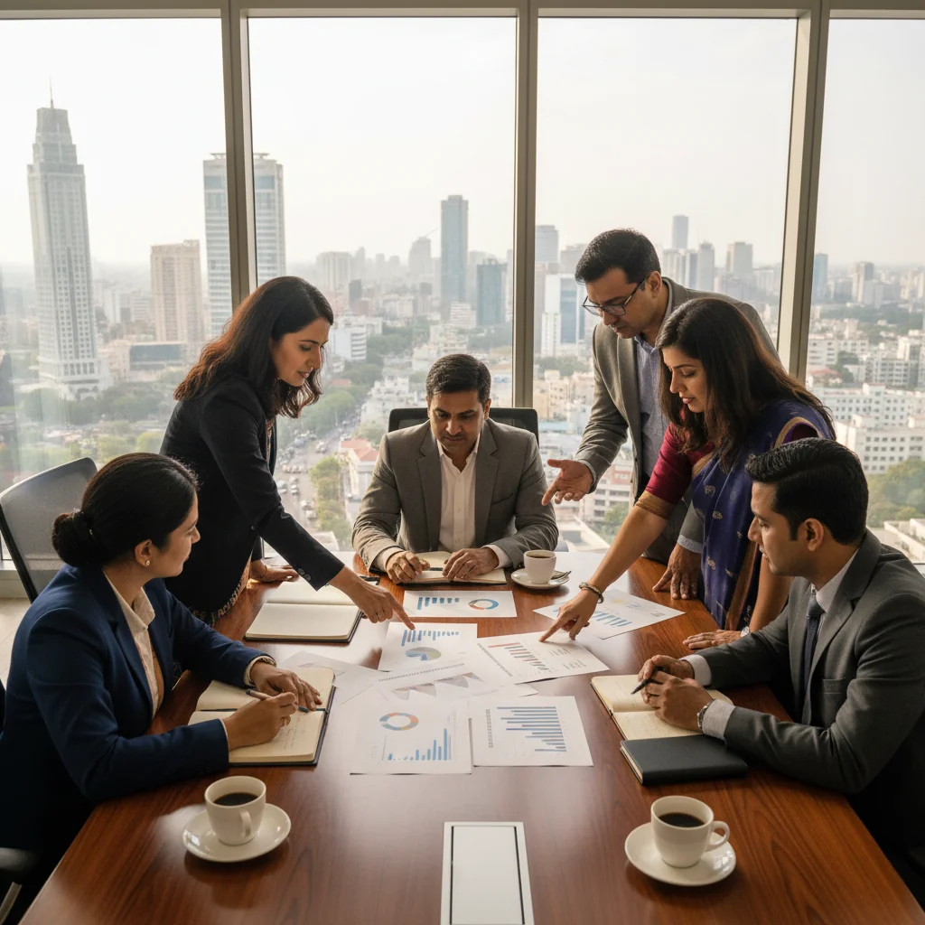 A photorealistic image of a professional Indian business meeting in a modern office, where diverse adult executives are discussing and reviewing important corporate guidelines around a conference table, symbolizing the establishment of household rules and corporate documents in an Indian context, no children present.
