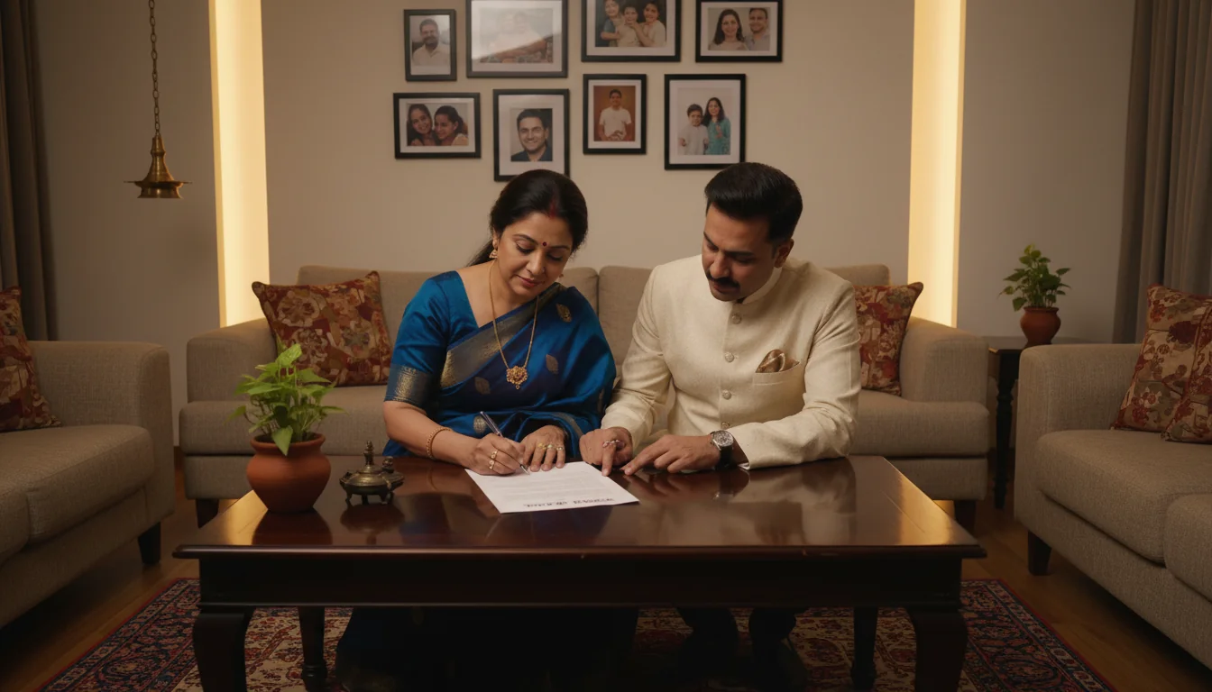Indian family signing home rules document