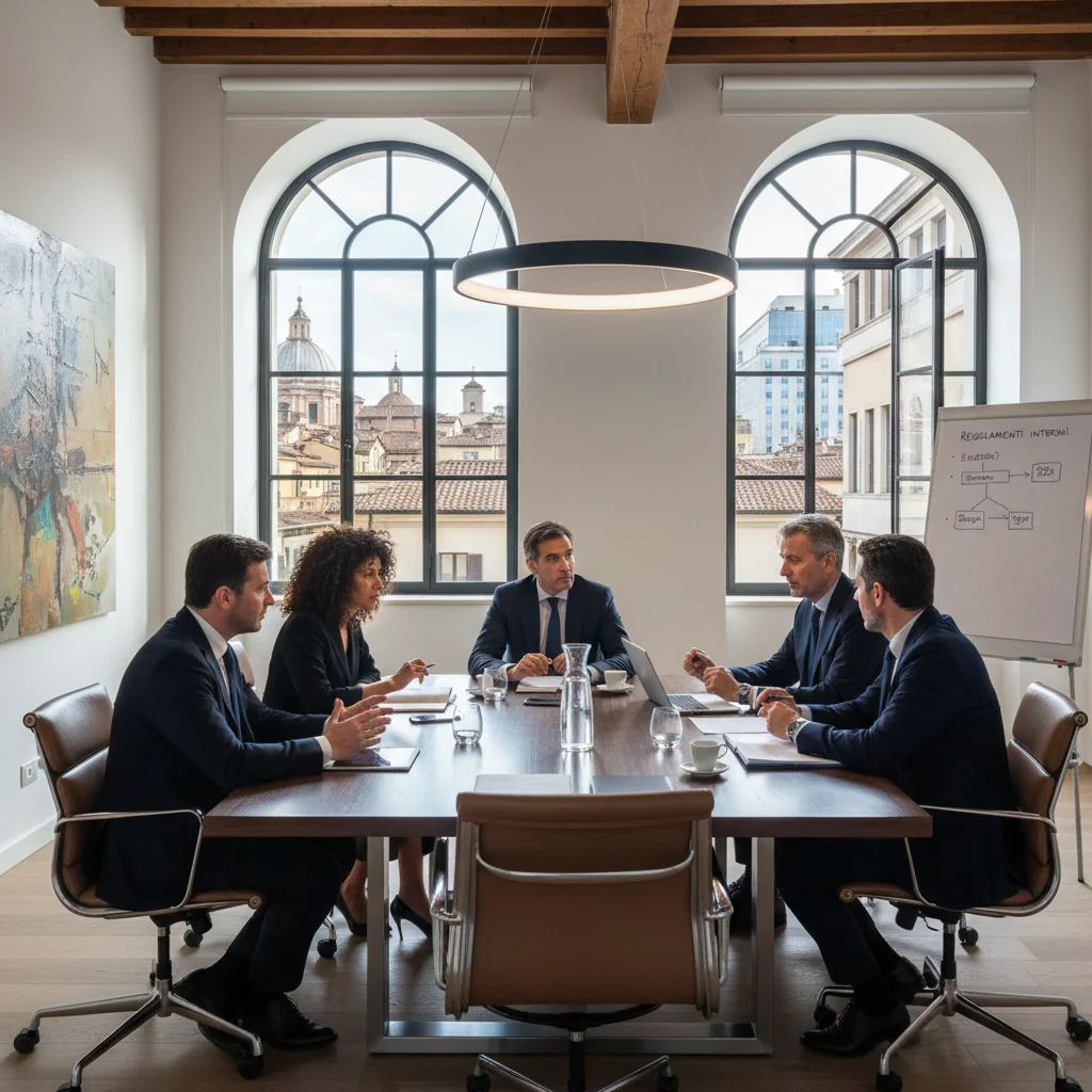A photorealistic image of a professional business meeting in a modern Italian office, with diverse adults discussing corporate policies around a conference table, symbolizing internal regulations and company guidelines.