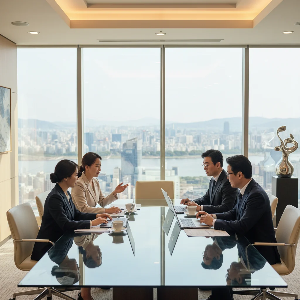 A photorealistic image of a professional business meeting in a modern South Korean corporate office, with diverse adult Korean professionals discussing around a conference table, symbolizing corporate governance and internal regulations, no documents visible, no children present.