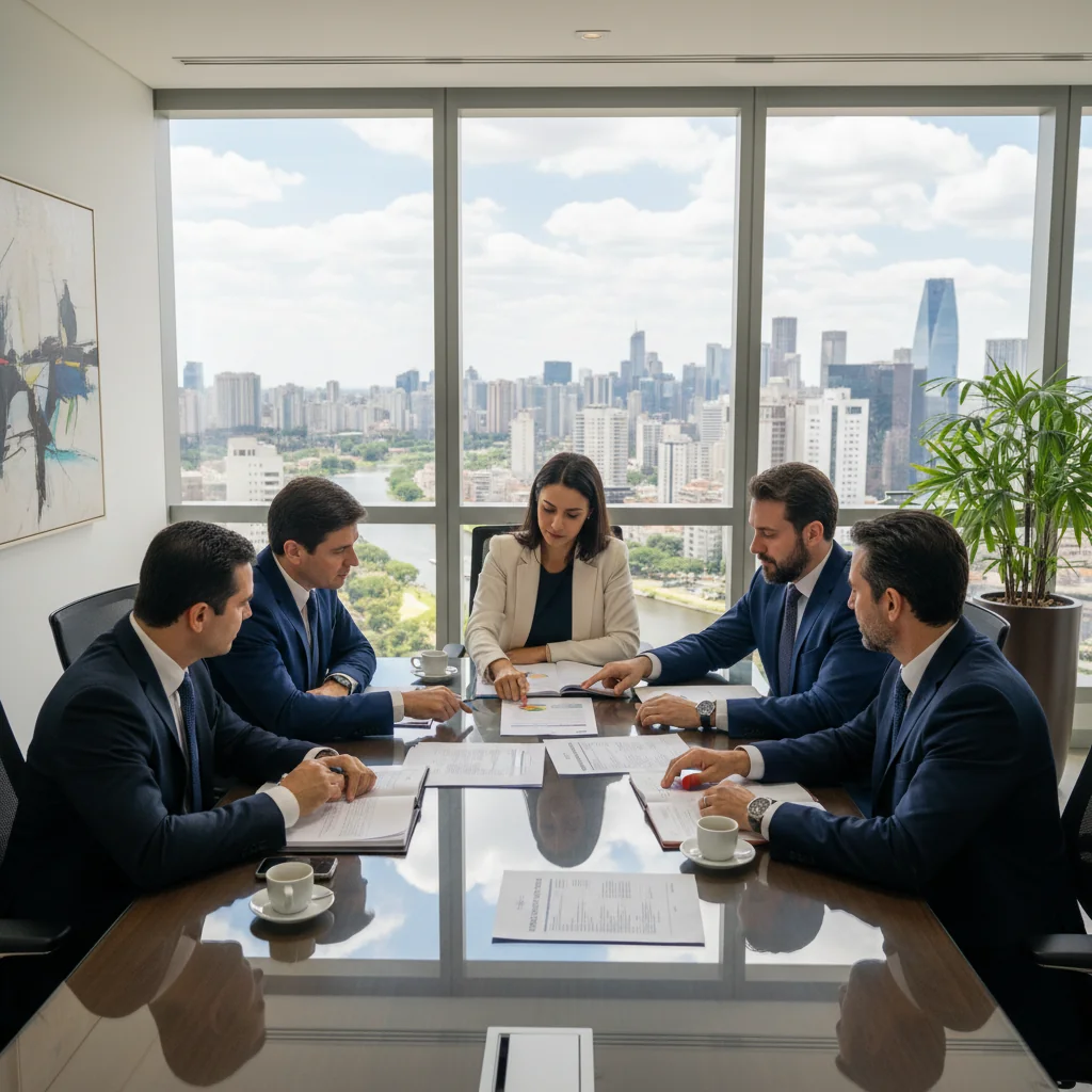 A photorealistic image of a diverse group of professional adults in a modern Brazilian corporate office, engaged in a collaborative meeting around a conference table, reviewing important business documents together, symbolizing internal corporate regulations and compliance in a business setting. The atmosphere is professional and focused, with elements like Brazilian flags or office decor subtly in the background to evoke a Brazilian context. No children are present in the image.