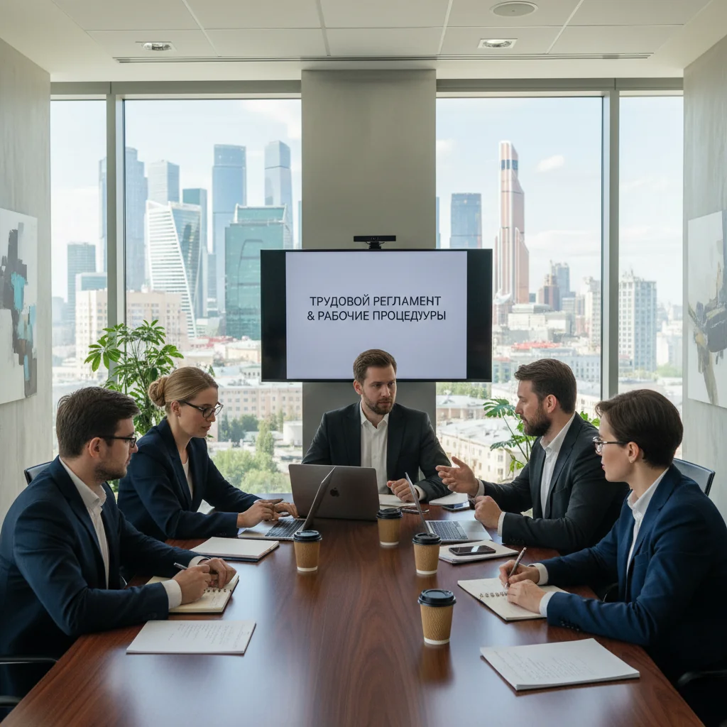 A photorealistic image of a professional business meeting in a modern Russian corporate office, with adults discussing work schedules and routines around a conference table, symbolizing internal labor order and workplace organization.