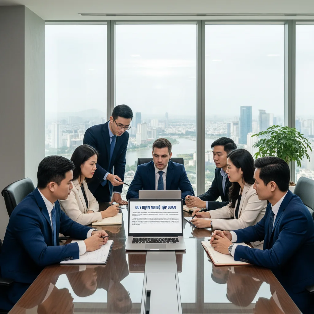 A photorealistic image of a diverse group of professional adults in a modern Vietnamese corporate office, engaged in a collaborative meeting around a conference table, reviewing business regulations on a digital screen, symbolizing internal corporate governance and compliance in Vietnam. No children present.