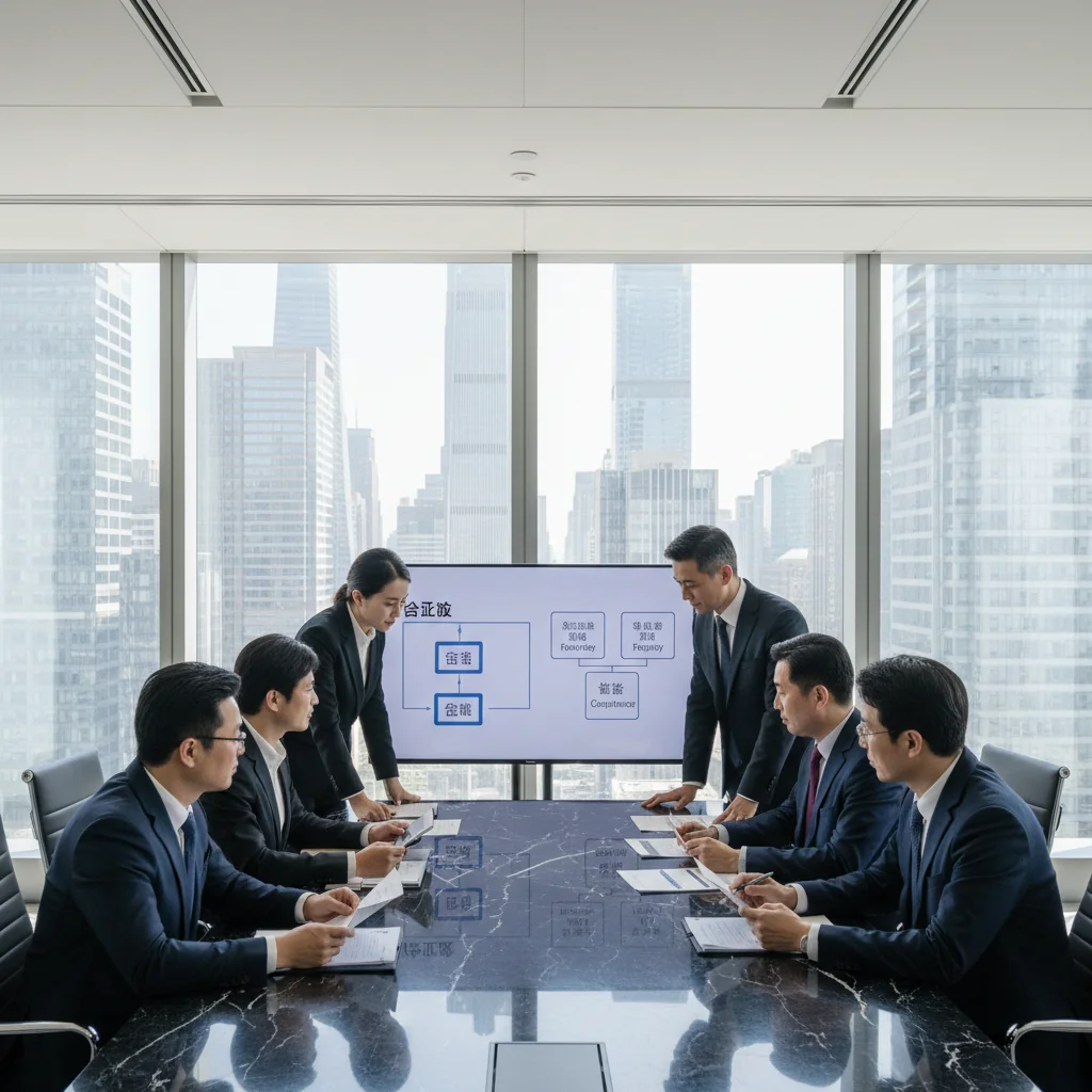 A photorealistic image of a diverse group of professional adults in a modern Chinese corporate office setting, engaged in a formal meeting around a conference table, discussing business rules and regulations, symbolizing the importance of company policies and corporate governance in China, with elements like a Chinese flag or subtle cultural motifs in the background, no documents or text visible, ensuring a professional and organized atmosphere.