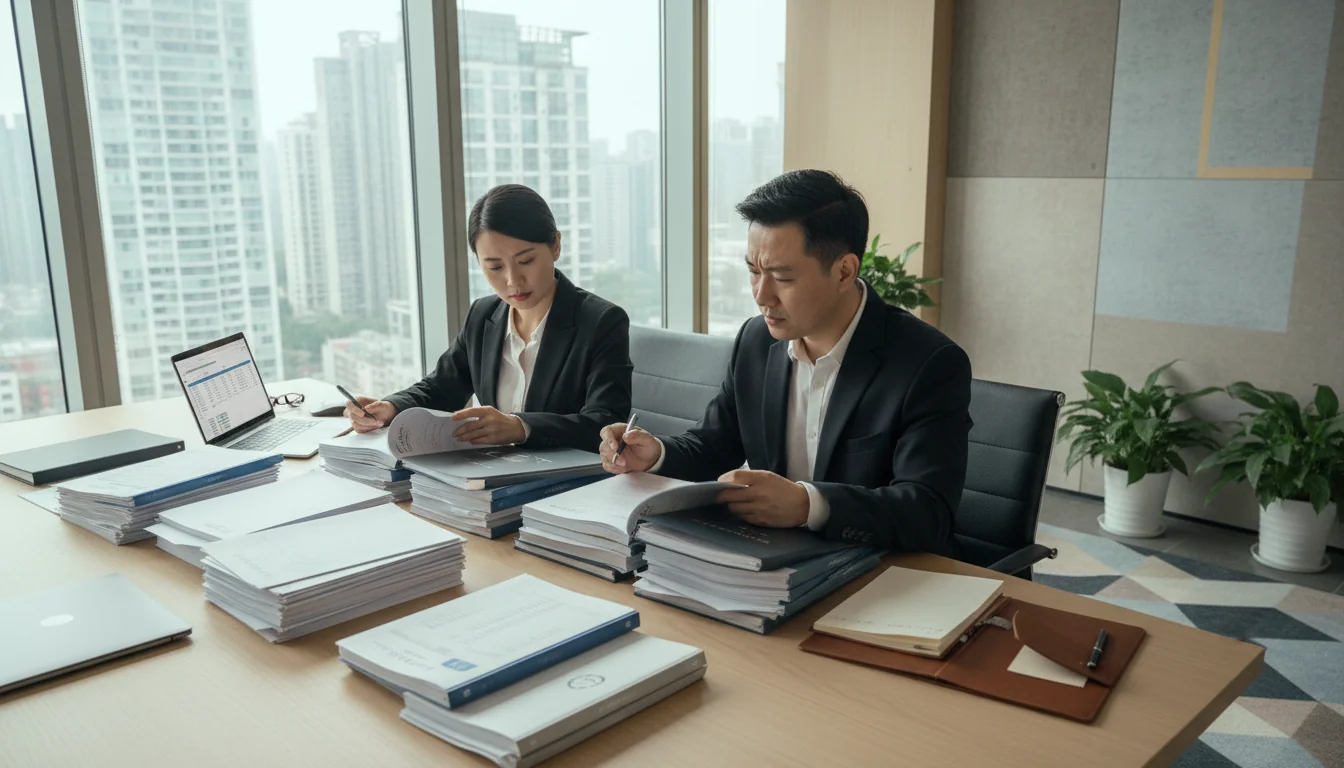 Chinese office workers reviewing documents