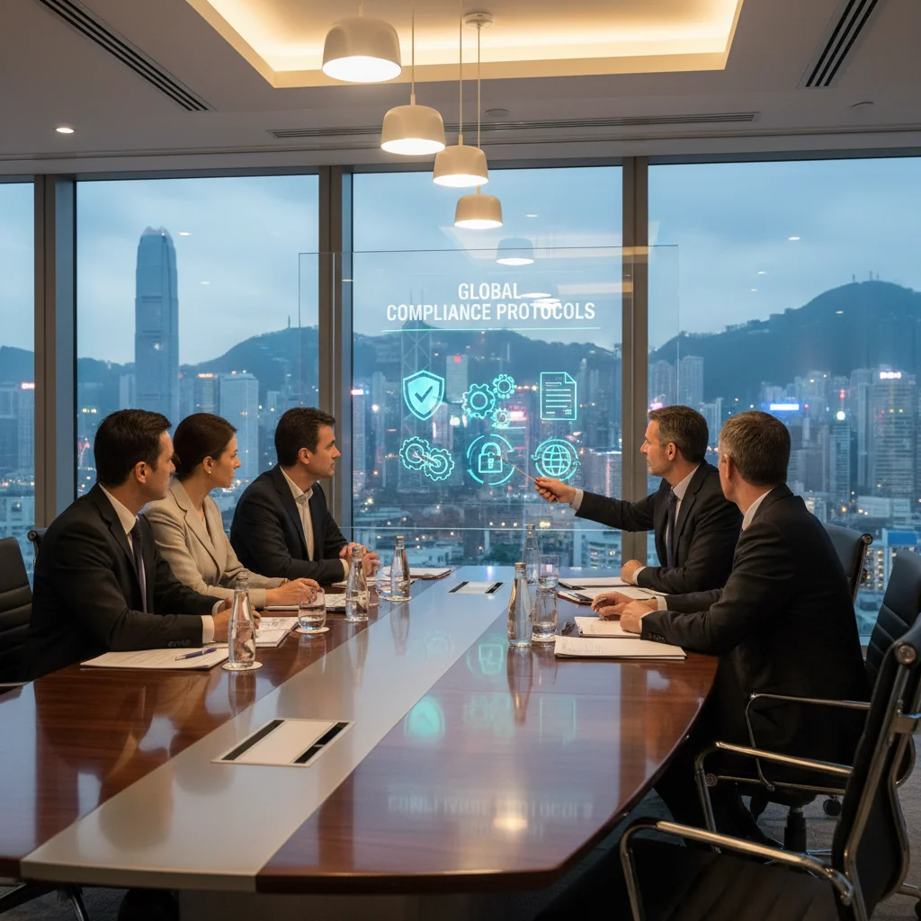 A photorealistic image of a professional business meeting in a modern Hong Kong office, with diverse adults reviewing corporate guidelines on a digital screen, symbolizing compliance and company policies, no children present.
