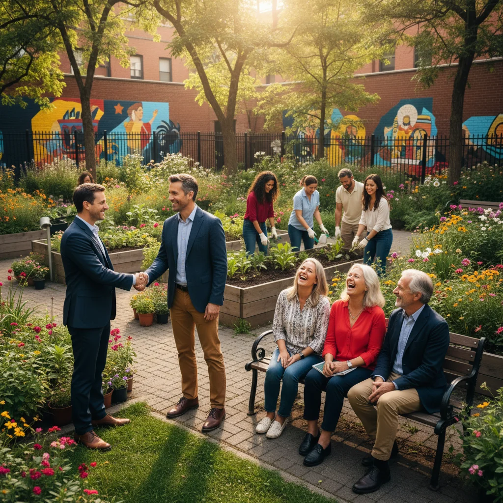 A photorealistic image depicting a diverse group of adults in an everyday urban community setting, such as a neighborhood park, engaging in harmonious social interactions like chatting and helping each other, symbolizing the importance of community guidelines in daily life. The scene should convey unity, respect, and positive communal living among adults only, with no children present.