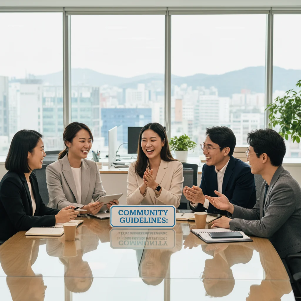 A photorealistic image of a diverse group of professional adults in a modern Korean office setting, engaged in collaborative discussion around a table, symbolizing community guidelines and positive workplace interactions. No children are present. The scene captures a sense of unity and professionalism without focusing on any documents.
