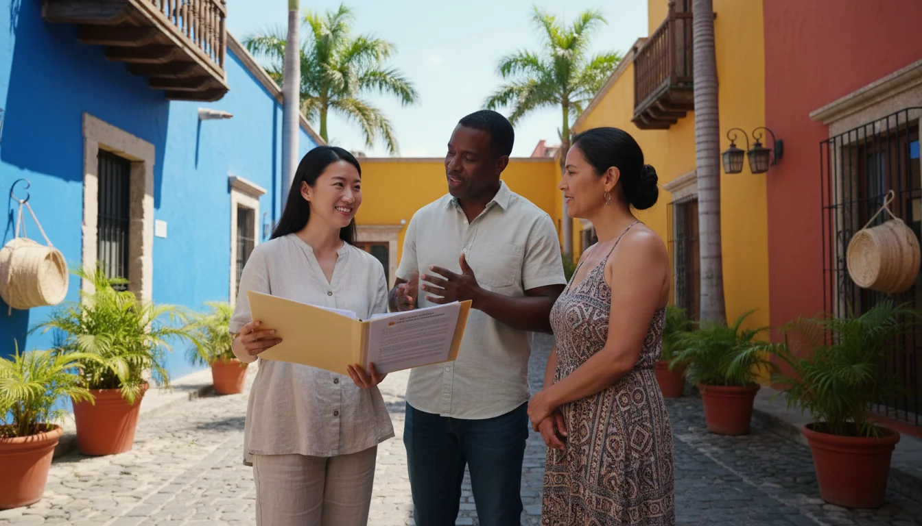 Diverse adult neighbors discussing property norms