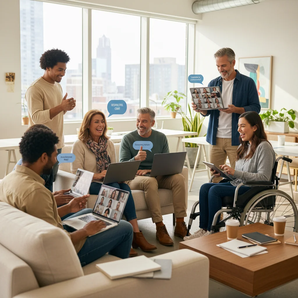 A photorealistic image of diverse adults engaged in positive online interactions in a modern setting, symbolizing adherence to community guidelines in digital environments. Show people of various ages (all adults) smiling while using laptops and smartphones, collaborating virtually without any depiction of conflict or rule-breaking, emphasizing respect, safety, and inclusivity in online communities.