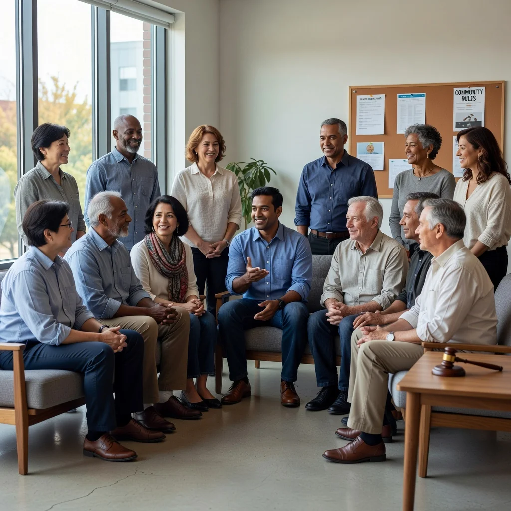 A photorealistic image depicting a diverse group of adult neighbors in a community setting, such as an apartment building hallway or outdoor courtyard, engaged in a constructive discussion to resolve a conflict. They are shaking hands or talking amicably, with subtle legal elements like a book of laws in the background, emphasizing harmony and legal resolution. No children are present.