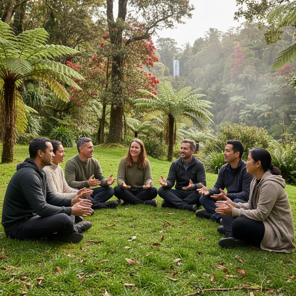 A photorealistic image depicting a diverse group of adults in a New Zealand community setting, such as a neighborhood meeting or park gathering, symbolizing unity, guidelines, and community principles. No children are present in the image.
