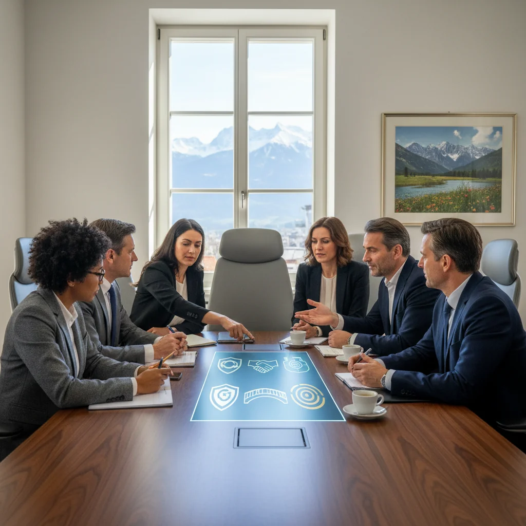 A photorealistic image depicting a diverse group of adults gathered around a wooden table in a modern conference room, engaged in a collaborative discussion about community guidelines. They are pointing at a large digital screen displaying abstract icons representing rules, unity, and community harmony, symbolizing the creation and content of community policies in Austria. The atmosphere is professional and inclusive, with natural light coming through windows showing a subtle Austrian landscape in the background. No children are present in the image.
