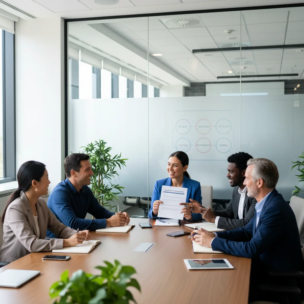 A photorealistic image of diverse adults in a professional office setting, engaged in a collaborative discussion around a conference table, symbolizing community guidelines and mutual respect in a community environment. The scene conveys trust, communication, and agreement without any documents visible.