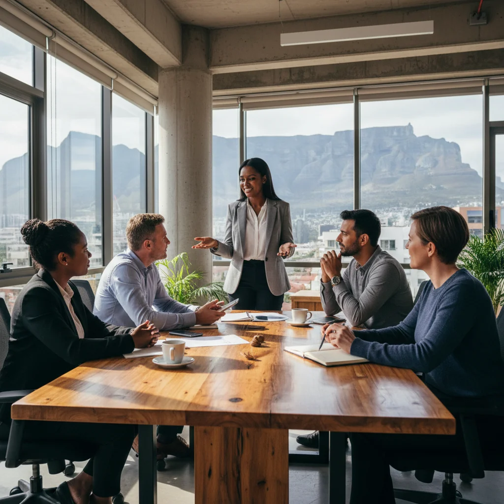 A photorealistic image depicting a diverse group of professional adults in a modern South African workplace, engaged in a collaborative meeting around a conference table, symbolizing ethical conduct, teamwork, and workplace harmony. The scene includes people of various ethnic backgrounds typical to South Africa, with natural lighting from large windows overlooking a cityscape, conveying professionalism and inclusivity.