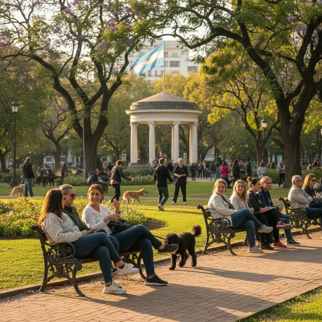 A photorealistic image representing community harmony and adherence to social norms in Argentina, featuring diverse adults engaging positively in a public park in Buenos Aires, with the Argentine flag subtly in the background, symbolizing unity and respect for community guidelines.