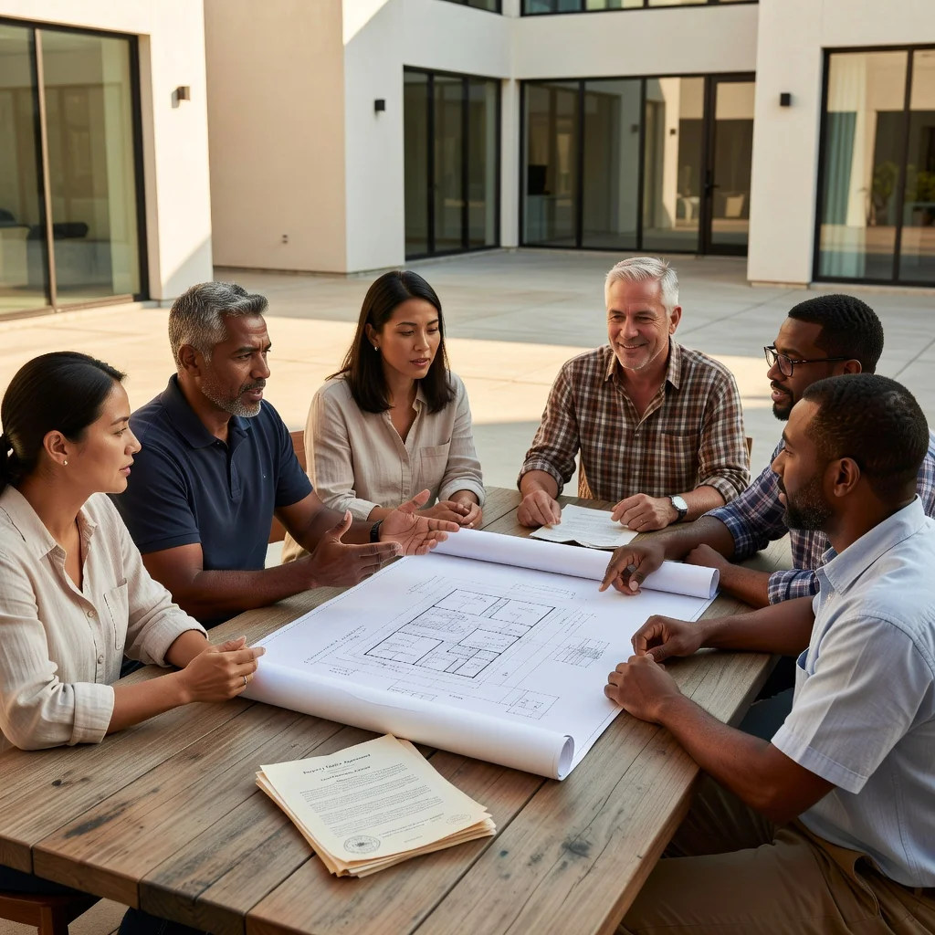 A photorealistic image of a diverse group of adult homeowners in a modern community setting, discussing property rights and obligations over a table with architectural plans and neighborhood maps, symbolizing communal harmony and legal responsibilities.
