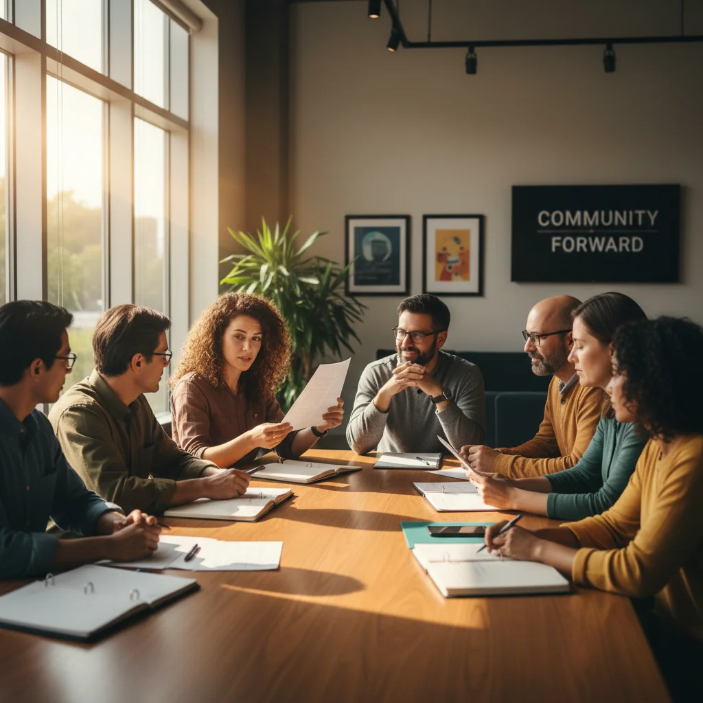 A photorealistic image depicting a diverse group of adults in a community meeting, discussing guidelines with positive expressions, symbolizing collaboration and benefits while overcoming challenges in community building.