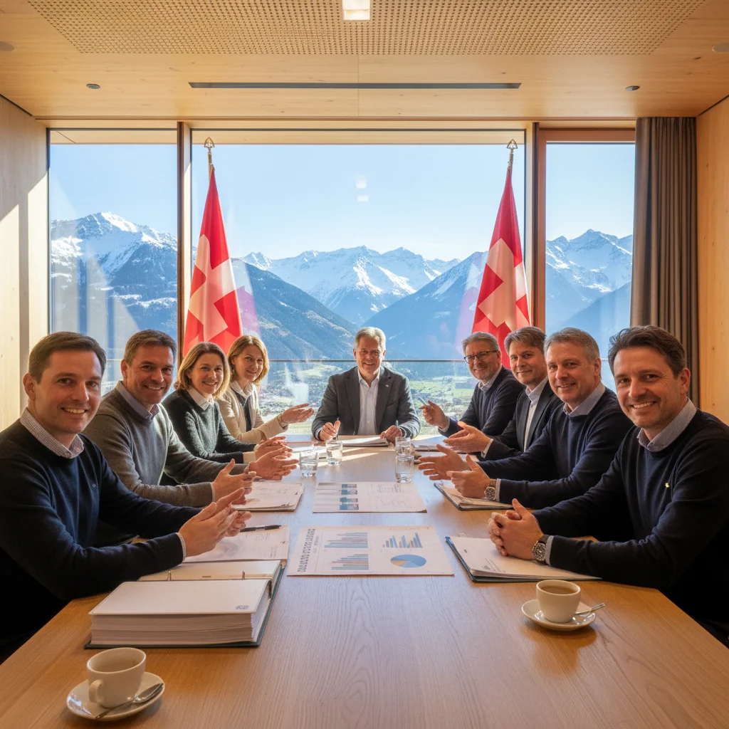 A photorealistic image of a diverse group of Swiss apartment building owners gathered in a modern community meeting room, discussing and reviewing guidelines together, symbolizing the importance of community policies for property owners in Switzerland. The setting includes Swiss architectural elements like alpine views through windows, with adults only, no children present.