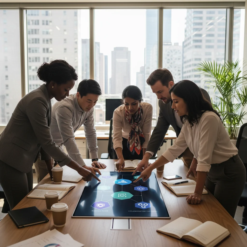 A professional business meeting in a modern office where a diverse group of adults is discussing and reviewing service usage guidelines on a digital tablet, symbolizing the creation of business service rules, photorealistic style.