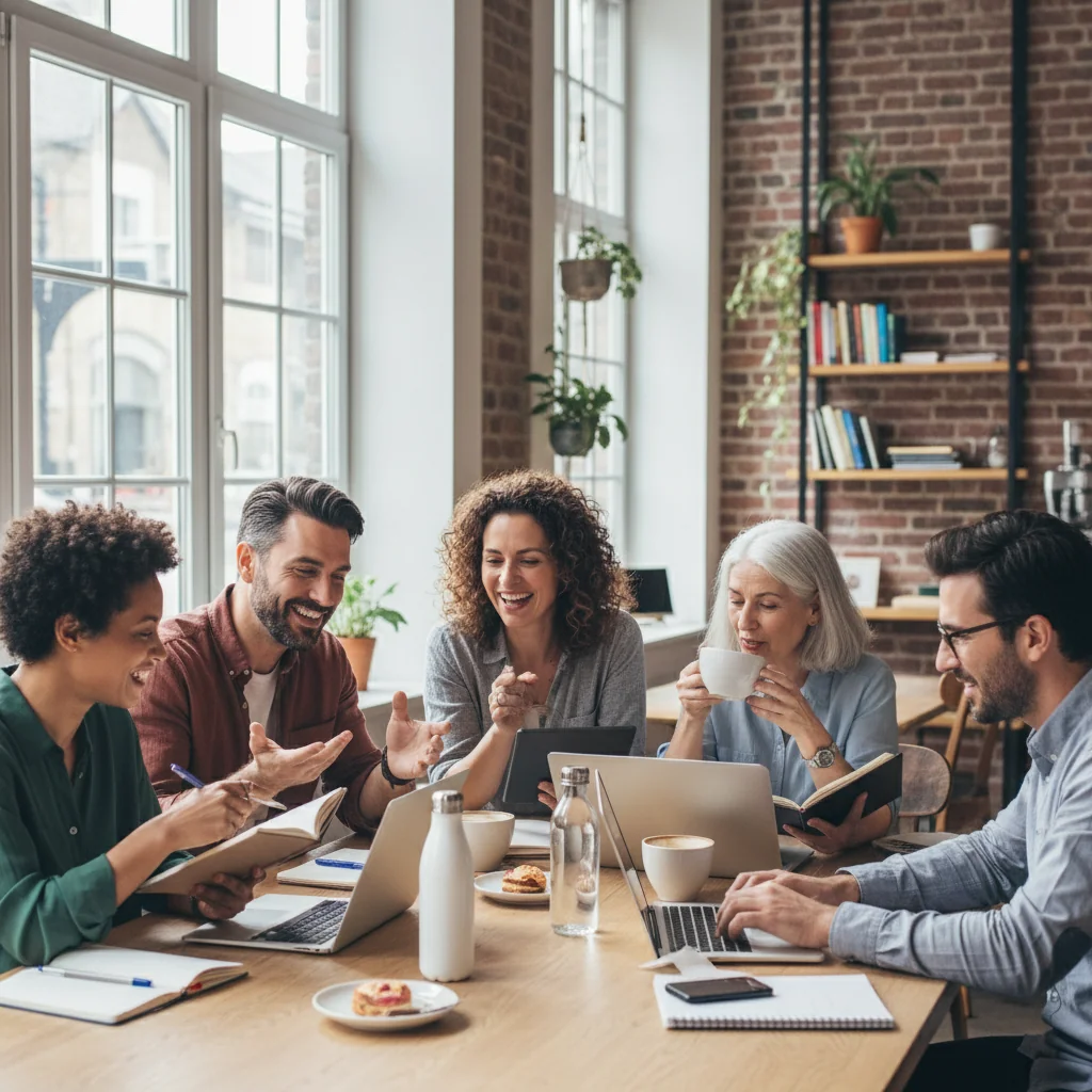 A photorealistic image of a diverse group of adults engaged in a lively online community discussion on digital devices, symbolizing the creation of effective terms of use to foster a safe and vibrant community space.