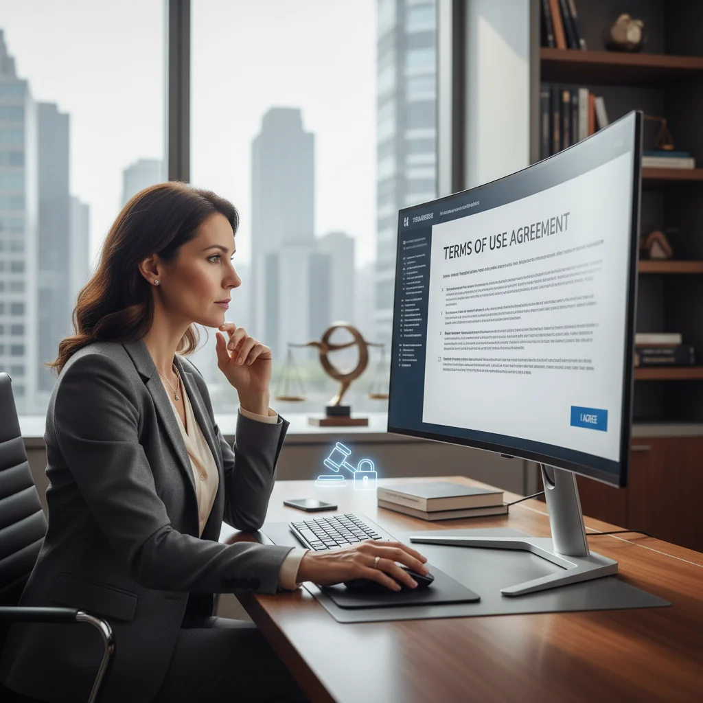 A photorealistic image depicting an adult professional in a modern office environment, reviewing a digital agreement on a computer screen, symbolizing rights and obligations in online usage agreements, with no children present.