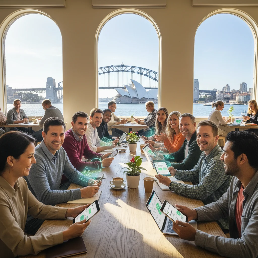 A photorealistic image of diverse adults in a vibrant Australian online community setting, such as people of various ages and backgrounds gathered in a modern cafe in Sydney, engaging positively with laptops and smartphones, symbolizing how community guidelines foster respectful online behavior, with subtle Australian elements like the Sydney Opera House in the background, no children present.