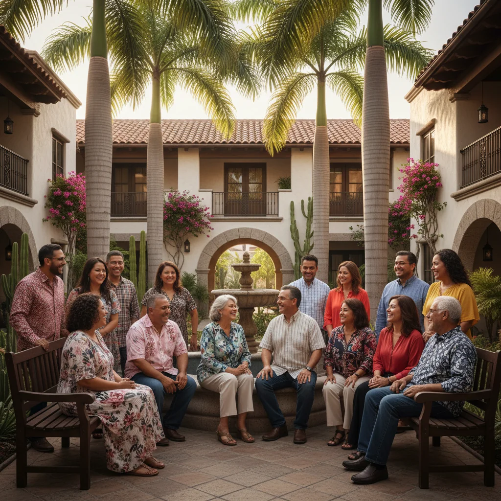 A photorealistic image depicting a harmonious community scene in a modern Mexican condominium complex, with diverse adult residents engaging in friendly discussions around a shared outdoor space, emphasizing unity, respect, and adherence to community guidelines, under a clear blue sky with subtle Mexican architectural elements like colorful facades.