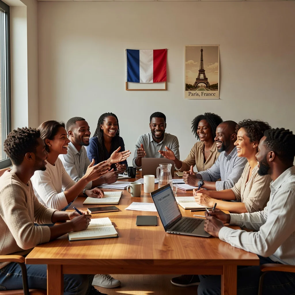 A photorealistic image depicting a diverse group of French adults gathered in a community meeting hall, engaged in a collaborative discussion around a table, symbolizing community association guidelines and participation, with subtle French cultural elements like a tricolor flag in the background, no children present.