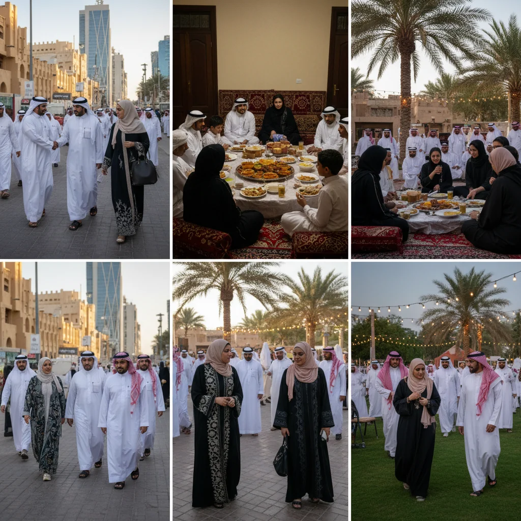 A photorealistic image depicting a diverse group of Saudi Arabian adults in everyday settings, such as a modern home, a public park, and a workplace, engaging in respectful and community-oriented activities like greeting each other politely, following dress codes, and participating in cultural events, symbolizing compliance with Saudi community guidelines in daily life.