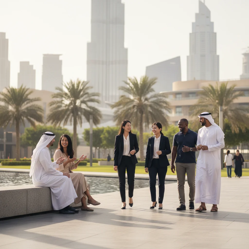 A photorealistic image symbolizing the importance of adhering to community guidelines in the UAE, showing diverse adults in a modern UAE cityscape, engaging positively in community activities like walking in a park or discussing in a public space, with iconic UAE elements like Burj Khalifa in the background, conveying harmony and respect.