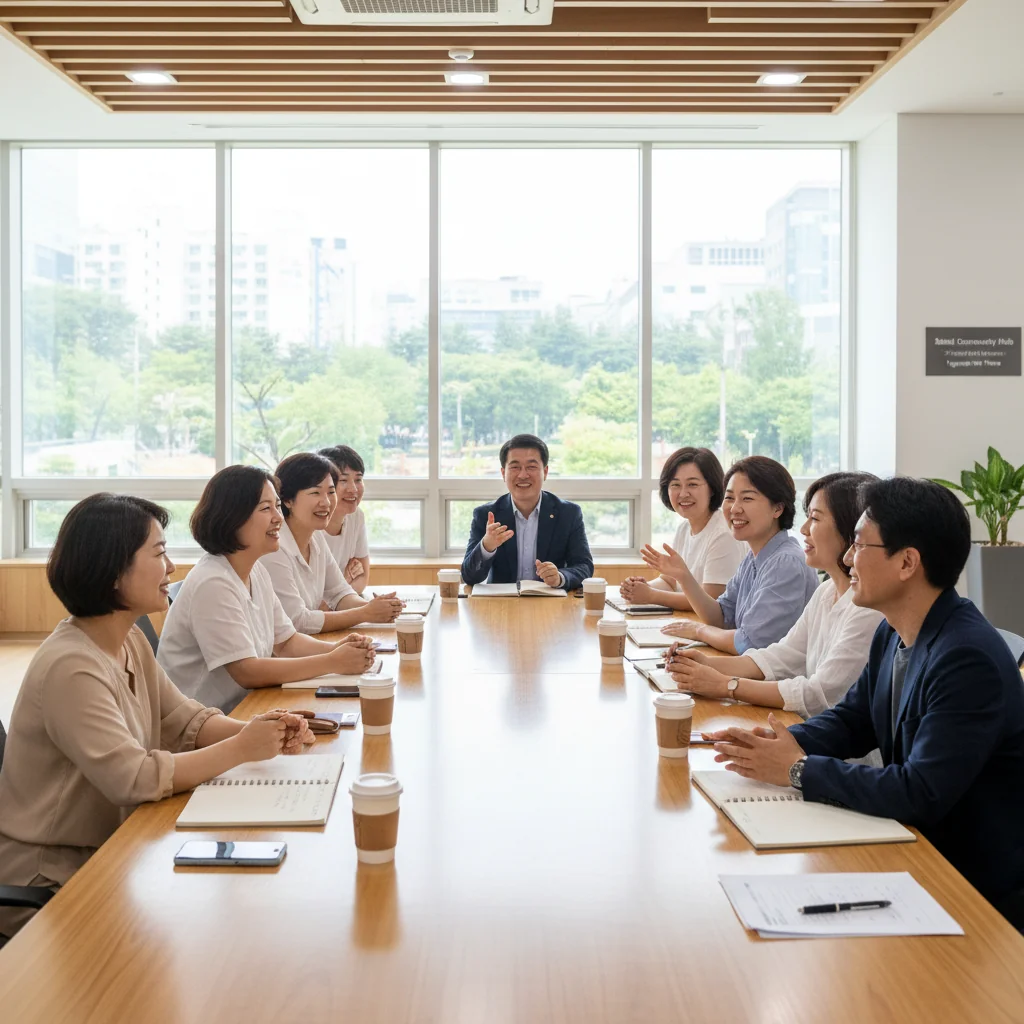 A photorealistic image representing community guidelines in a Korean context, showing a diverse group of adults in a modern community center in Seoul, engaging in a positive discussion around a table, symbolizing understanding and application of guidelines for harmonious online and offline communities.