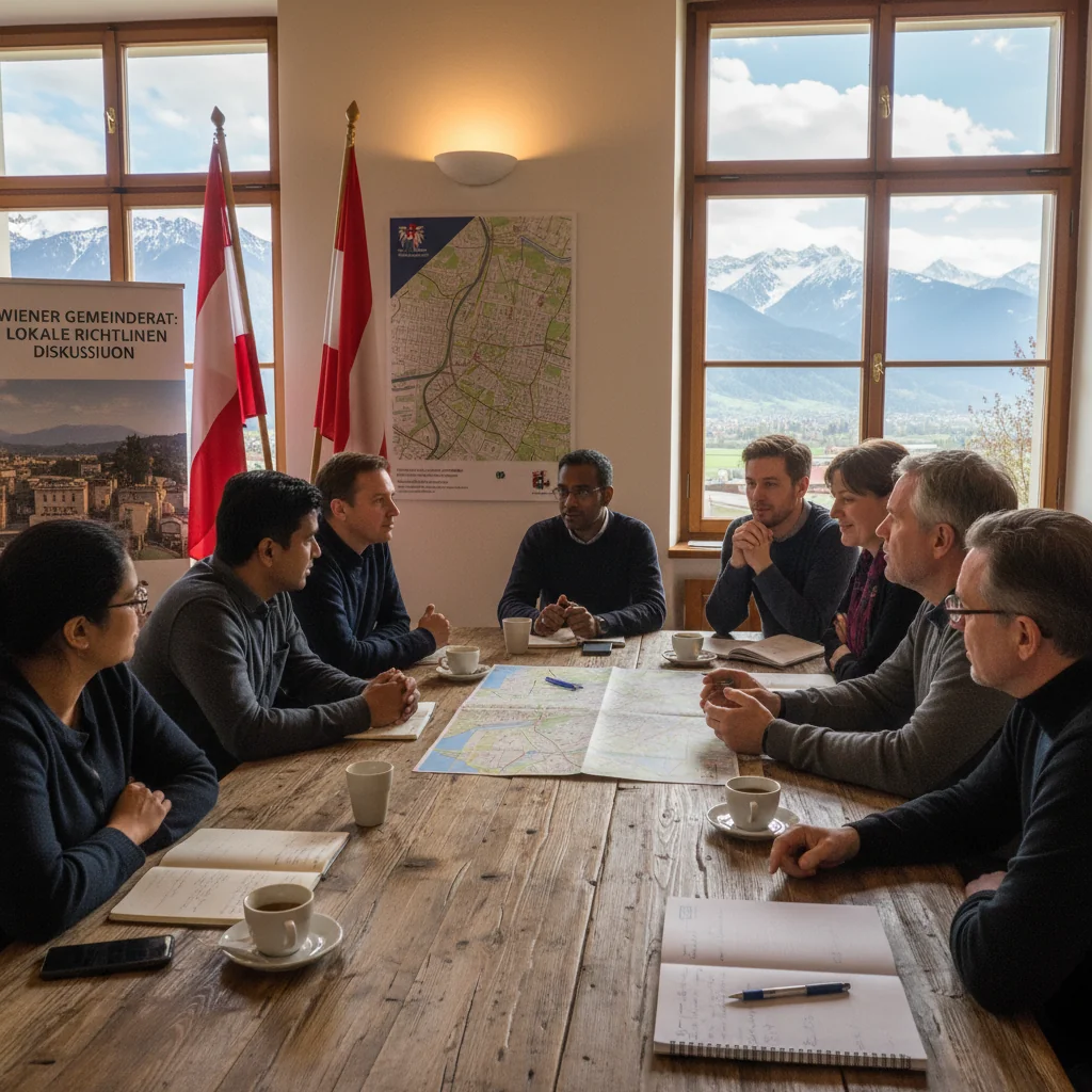 A photorealistic image of a diverse group of Austrian adults in a modern community meeting room in Vienna, discussing guidelines around a table with maps and notes, symbolizing community policy documents without focusing on the document itself.